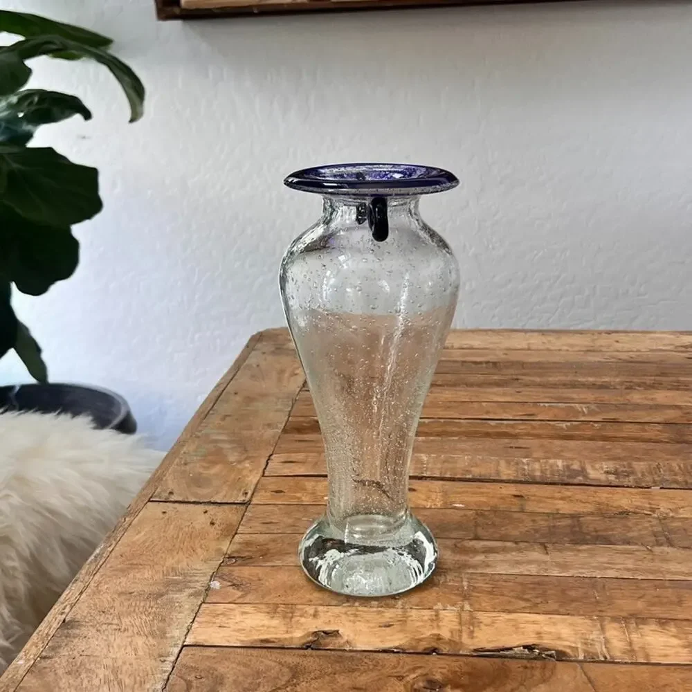 Hand Blown Glass Vase Cobalt Blue Scroll Handles & Rim Bubble Glass Art